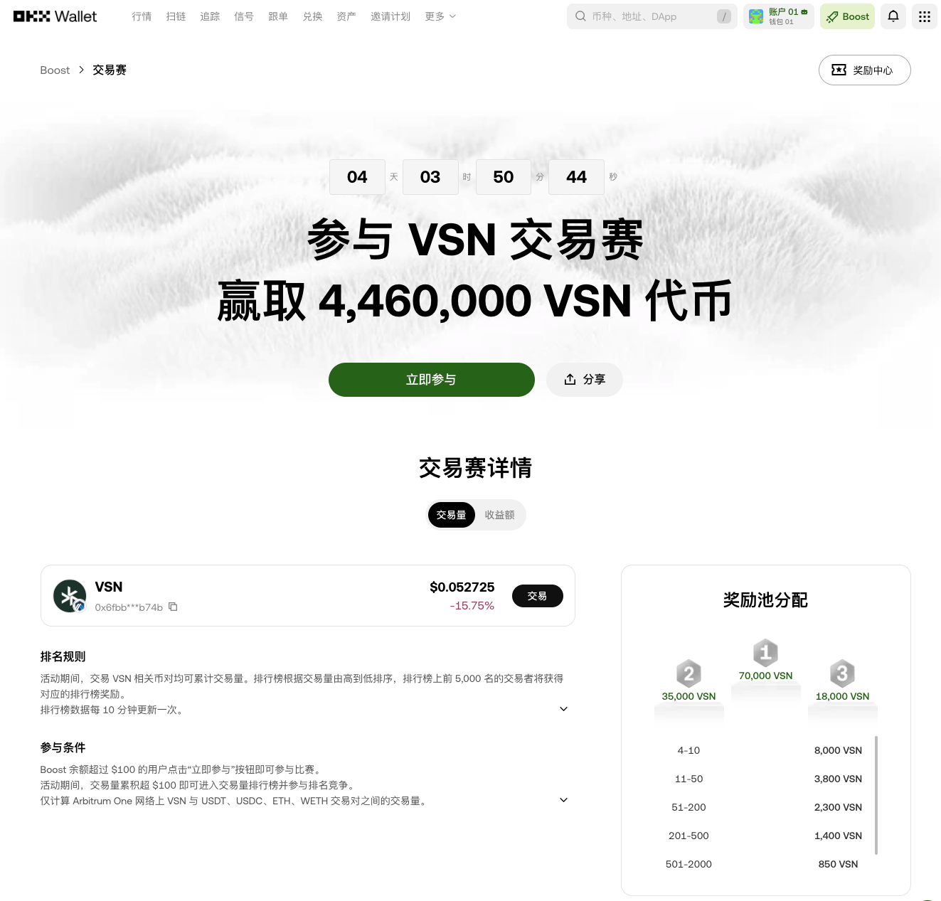 446 万 VSN 奖励人人有份!OKX 钱包 Boost 交易赛火热进行中_aicoin_图1 446 万 VSN 奖励人人有份!OKX 钱包 Boost 交易赛火热进行中_aicoin_图1