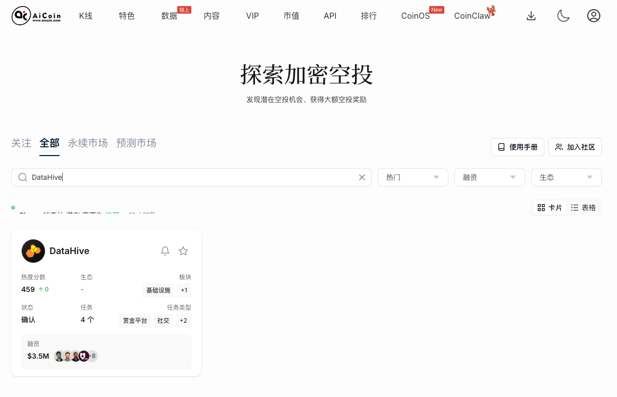 零撸空投项目DataHive 解构：确认热度在涨，任务门槛轻_aicoin_图1