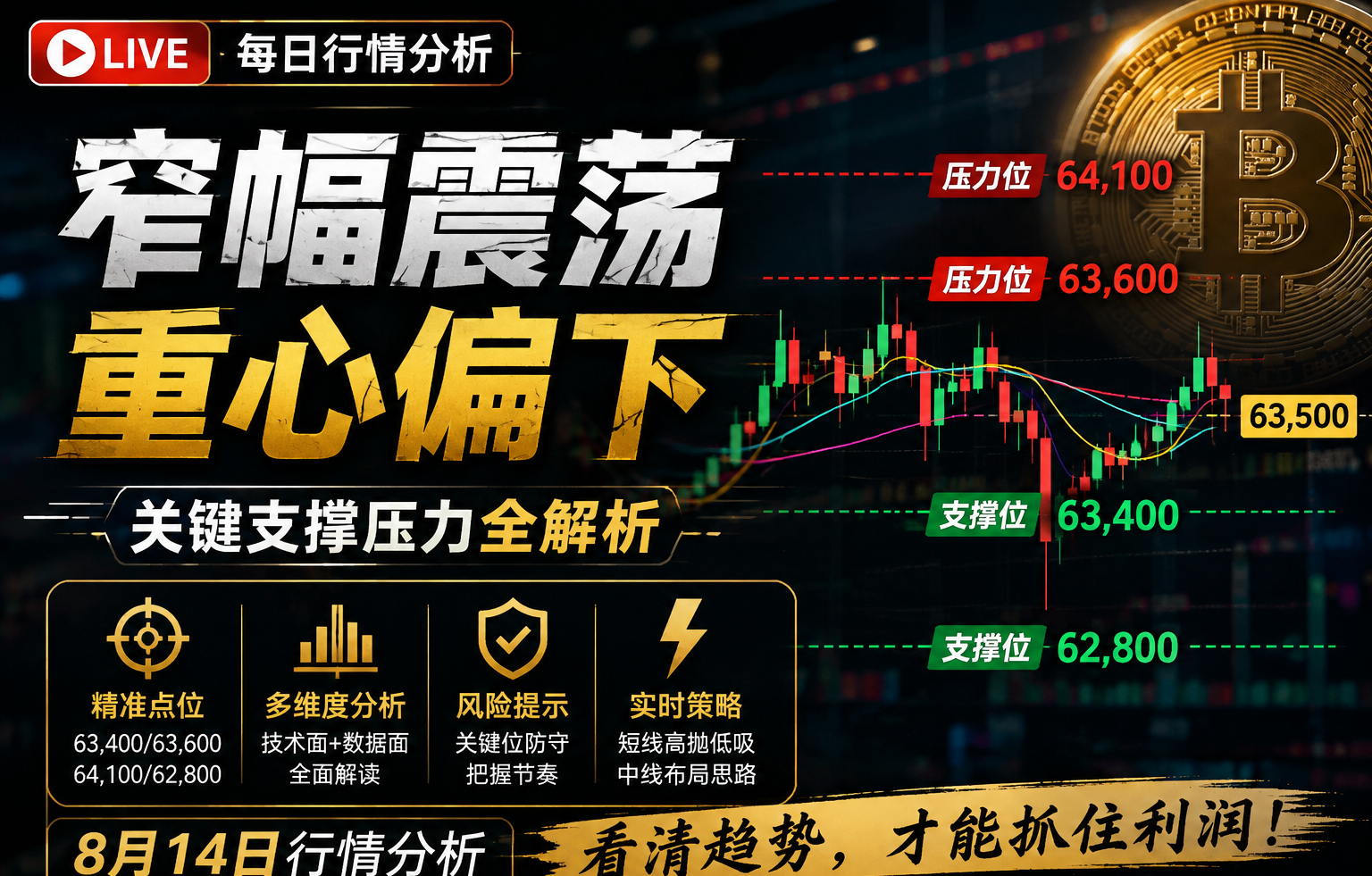 （精准点位）比特币窄幅震荡，重心偏下，63,400与64,100成为关键分界