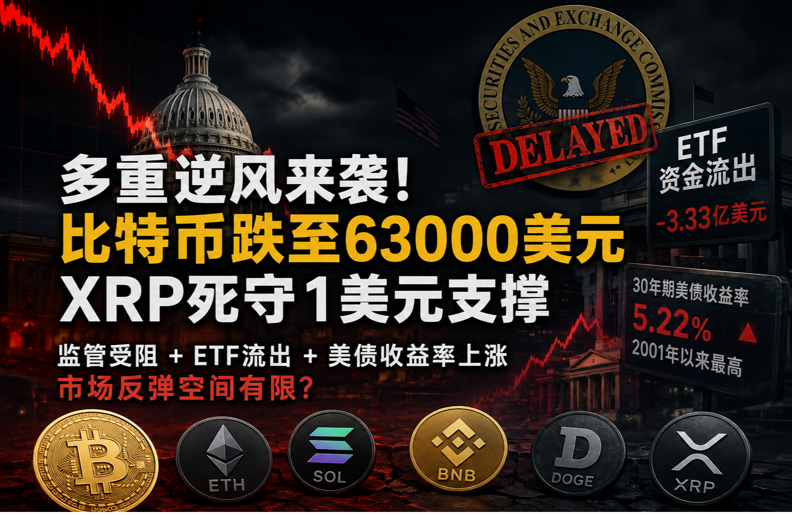 比特币跌破63000美元：监管、ETF流出与美债收益率三重压力，XRP 1美元支撑告急