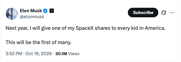 你开始备孕了吗?马斯克明年美国生的孩子每人一股 SpaceX_aicoin_图1 你开始备孕了吗?马斯克明年美国生的孩子每人一股 SpaceX_aicoin_图1
